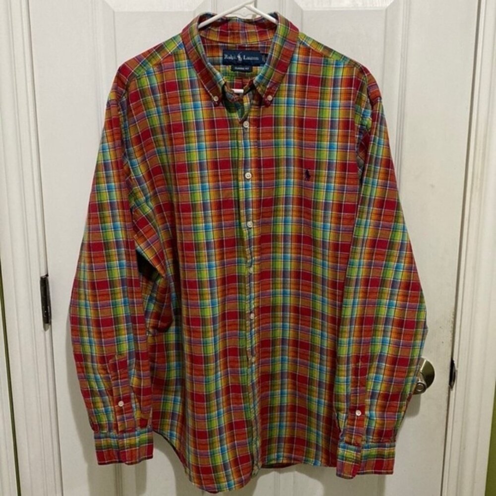 Vintage Ralph Lauren Linen Cotton Classic Fit Button Up Shirt Men's XL Plaid
